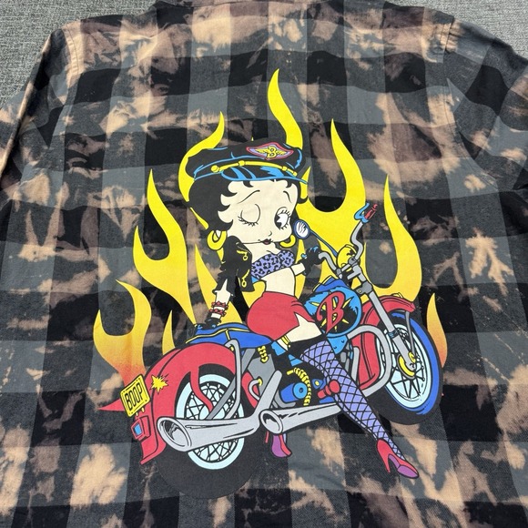 Betty Boop Plaid‎ Bleach Tie Dyed Graphic Flannel Shirt Women's Size XL New - Picture 1 of 9
